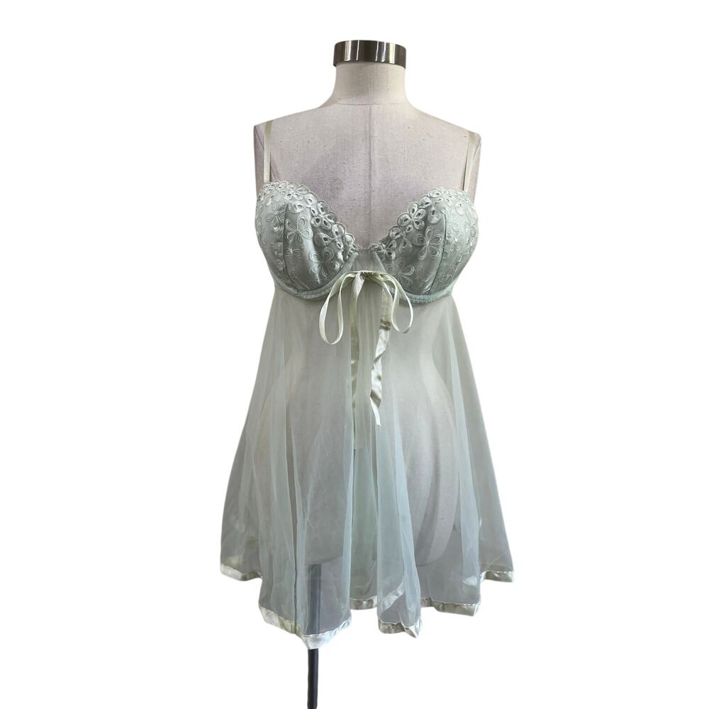 Fairycore Green Sheer Babydoll Lingerie Dress Lace Mesh Coquette Y2K M